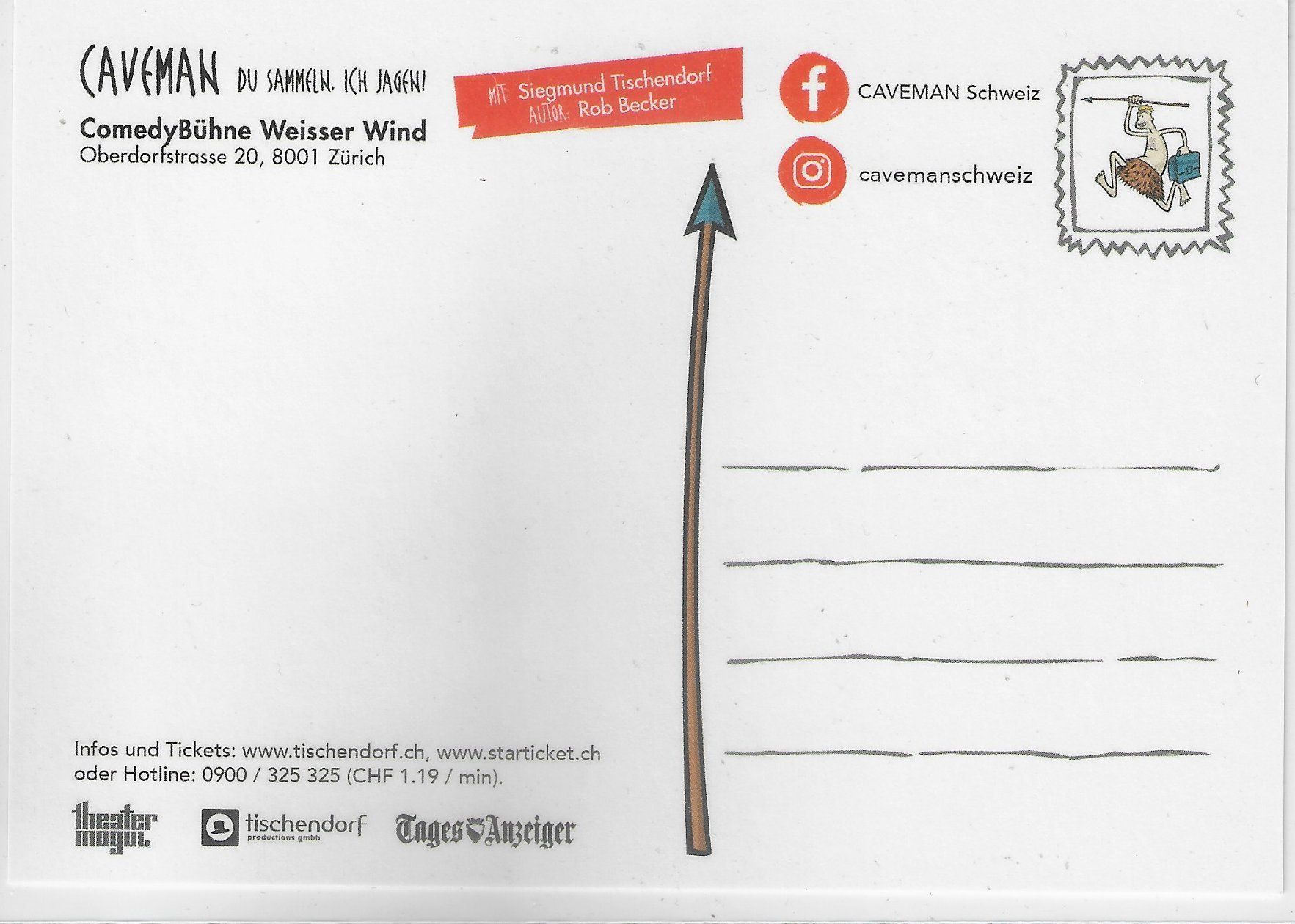 Cartoline postali: ComedyBühne Wisser Wind Zürich - Caveman – Usato da Ettingen venduto da Kartenplanet 1