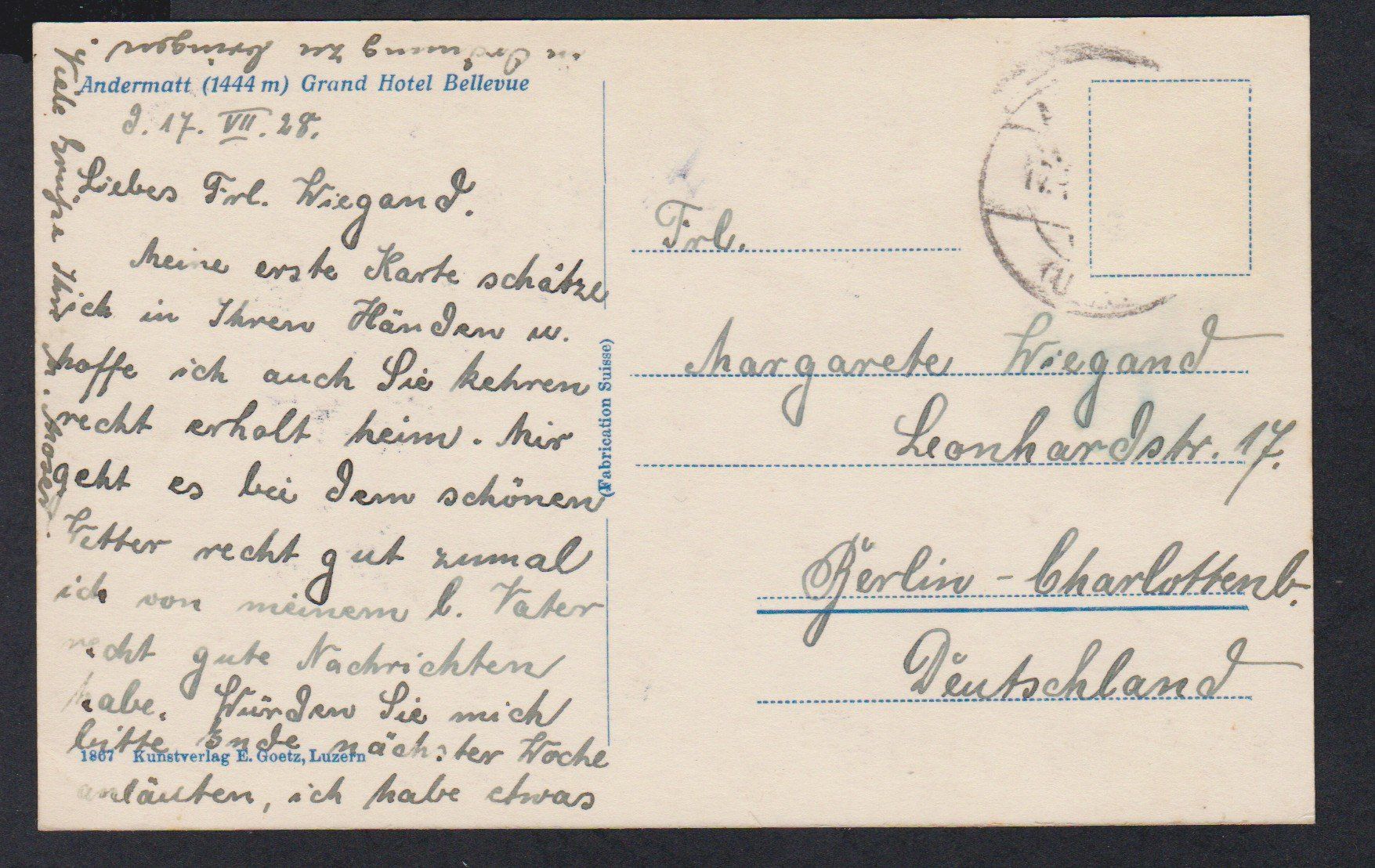 Ansichtskarten: Andermatt    -   alte Ansichtskarte um 1928 – Gebraucht aus Vitznau von Ropaku 1