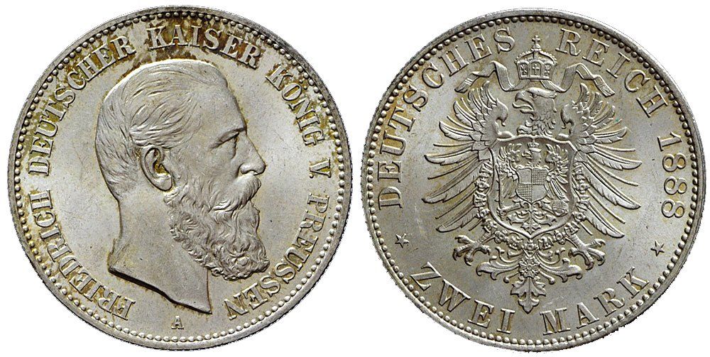 Tutti le monete: Preussen, 2 Mark 1888 A, unz! – Usato da Chiasso venduto da Novamarketing