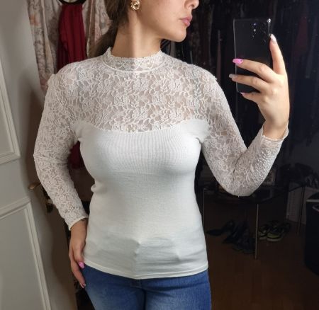 Elegante Damenbluse mit Spitze Gr. 38/40 Weiss Vintage