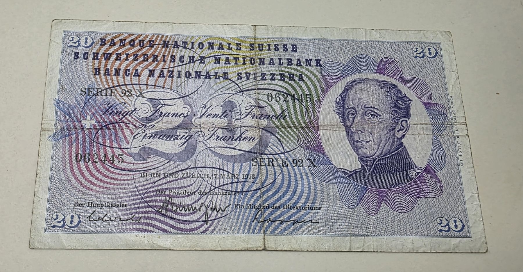 Banknoten: Suisse 20 Fr. 07.03.1973 – Gebraucht aus Niederuzwil von 262305