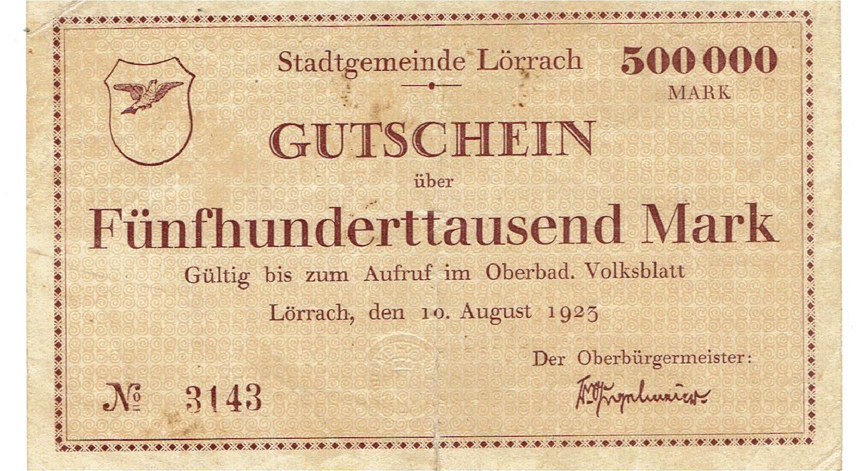 Banconote: Lörrach 500000 Mark 19.08.1923 VZ – Usato da Steffisburg venduto da ber_8htf