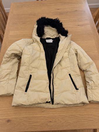 Calvin Klein Jeans Damen-Pufferjacke mit Kapuze – Creme – XL