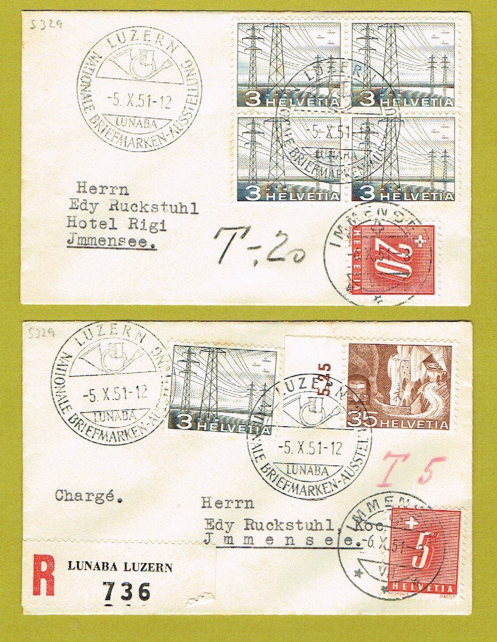 Alle Briefmarken: 2 Kleinbriefe LUNABA 1951 mit Strafporto – Gebraucht aus Hettlingen von Zimmi01