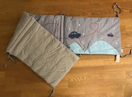 Crib bumper pad, cars pattern grey blue used condition