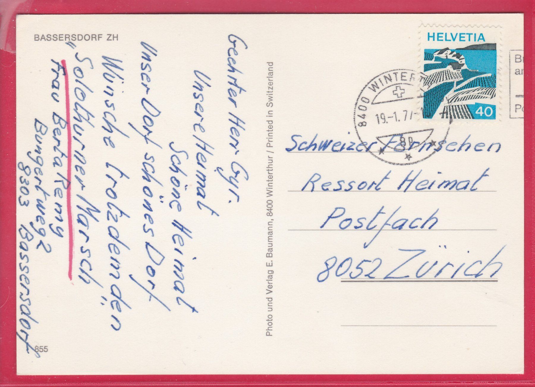 Cartoline postali: BASSERSDORF, 19.1.1977 – Usato da Oberrieden venduto da Gebirgsstelze 1