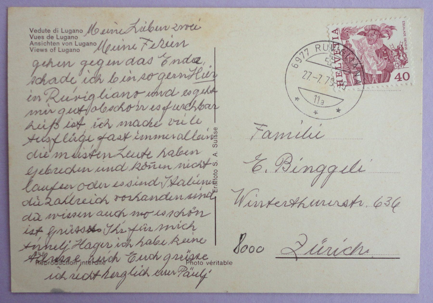 Cartes postales: Lugano – Défectueux à Fétigny par Billy2miny 1