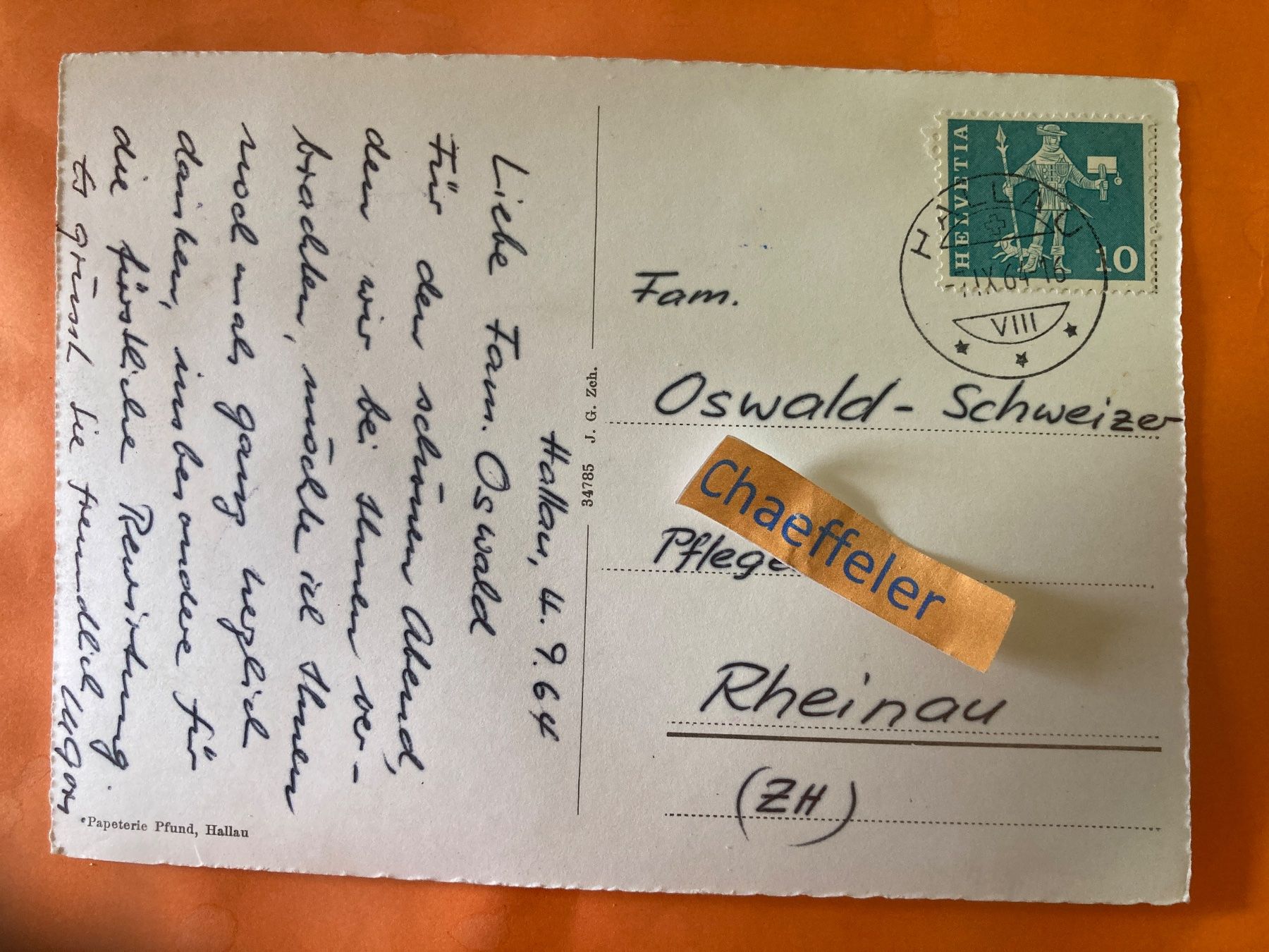 Cartoline postali: 1964 Hallau, Kirche St. Moritz – Usato da Zürich venduto da Chaeffeler 1