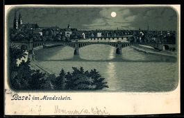 Mondschein-Lithographie Basel, Ortsansicht mit Brücke