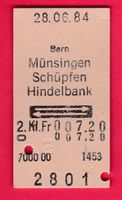 KARTON BILLETT, BERN - HINDELBANK, 2.KLASSE, RETOUR, 1984
