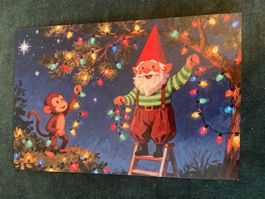 AK Postkarte Lichterkette Wichtel Zwerg Äffchen neu