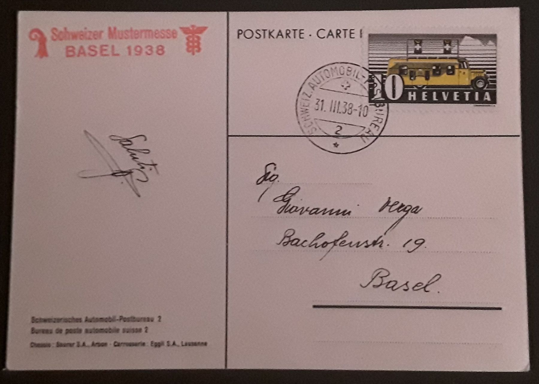 Cartoline postali: 1938: PK Schweizerisches Automobil-Postbureau 2 – Usato da Walperswil venduto da Tcheidi 1