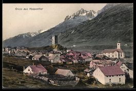 AK Hospenthal, Ortsansicht mit Burgruine und Kirche