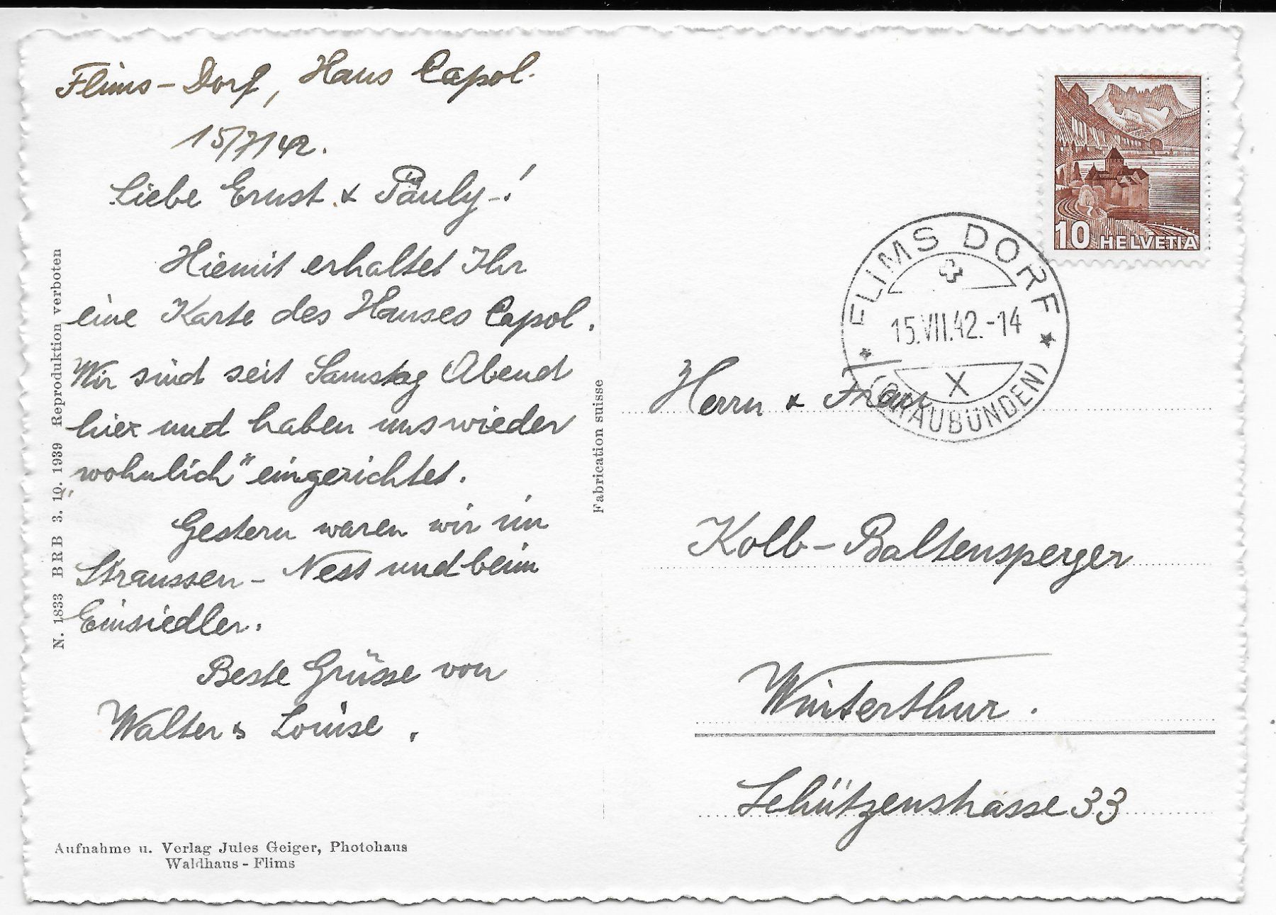 Cartoline postali: Flims, Haus Capol – Usato da Hefenhofen venduto da Richsalz 1