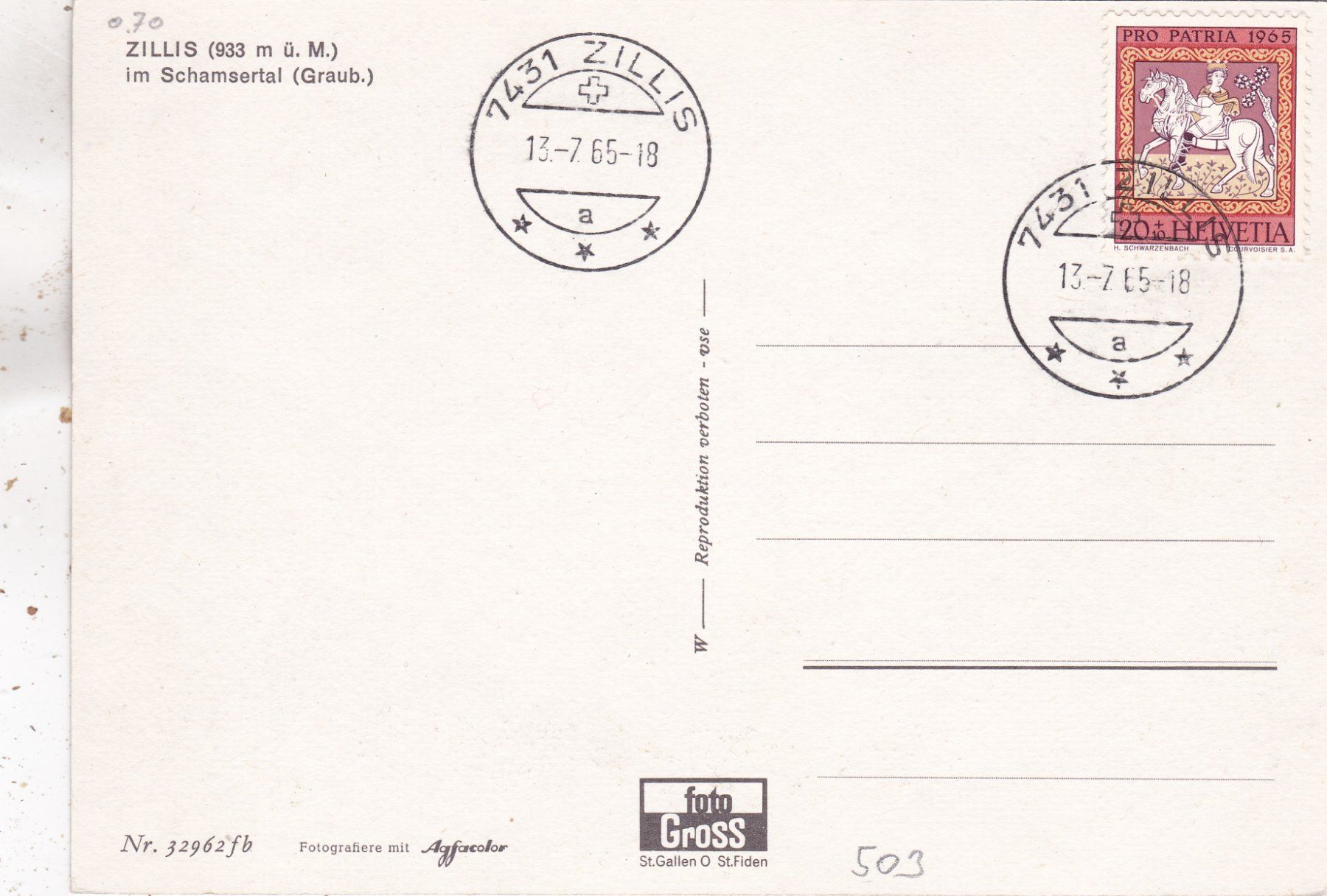 Cartes postales: Zillis 1965 – D'occasion à Herisau par Lisegrat2008 1