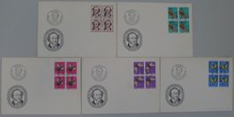 1954, J153-J157 Serie Viererblöcke auf 5 FDC's. Kat: 200.-