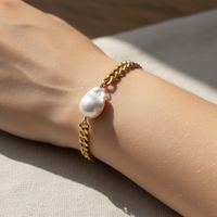 Edelstahl Panzerarmband vergoldet mit barocker Perle – 19 cm