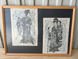 Estampe chinoise ancienne sur papier de riz, femme & enfant