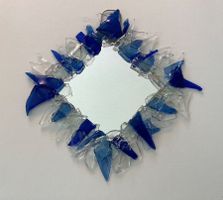 Handgemachter Spiegel mit blauem Glas, Unikat, Top!