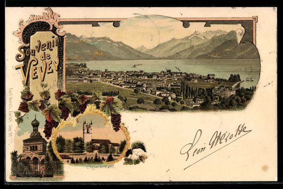 Cartoline postali: Litho Vevey, Vue générale sur le lac e – Usato da Berlin venduto da bartko-reher