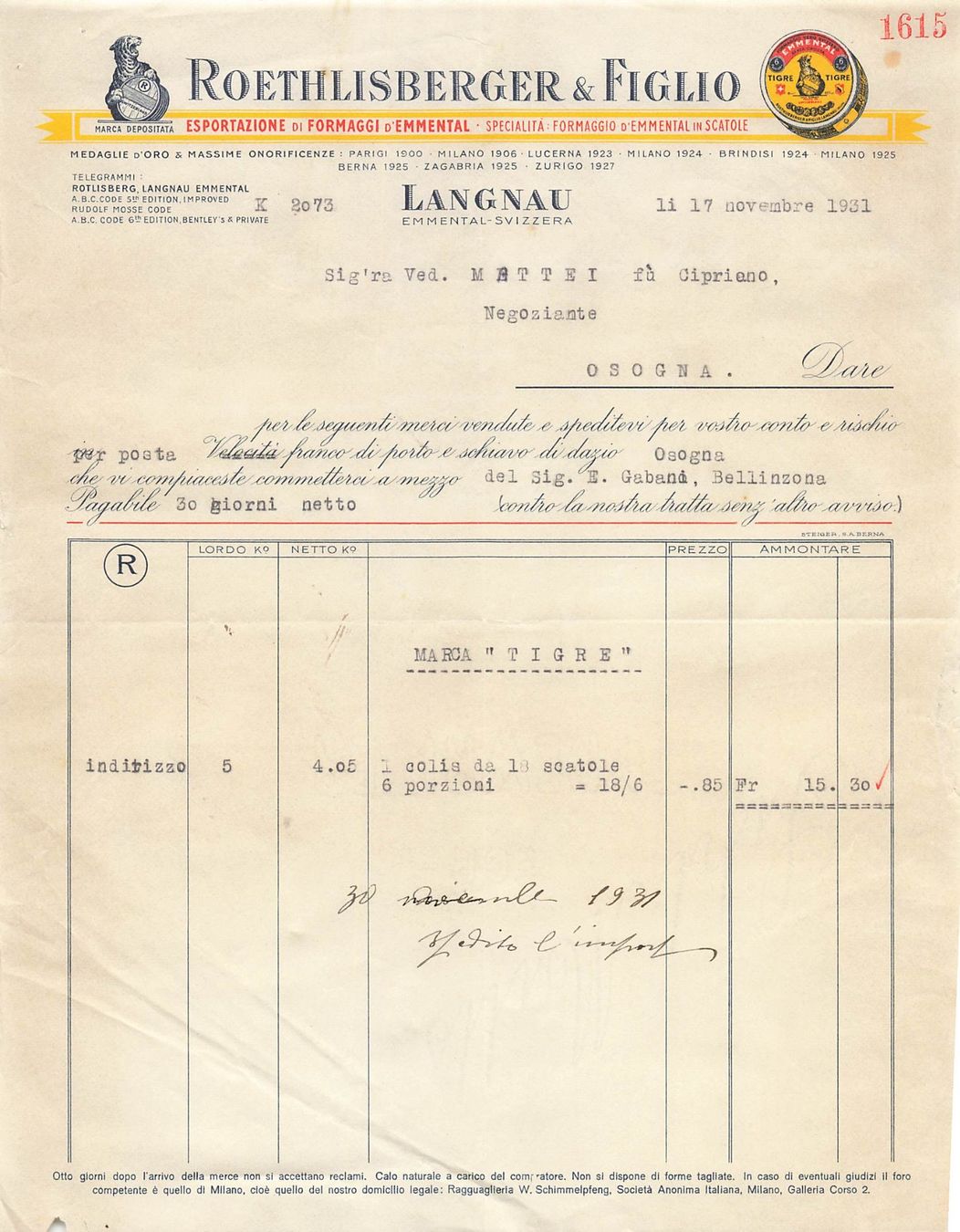 Cartoline postali: Roethlisberger Langnau im Emmental  Lithographien Rechnung – Usato da Biasca venduto da Blenio71