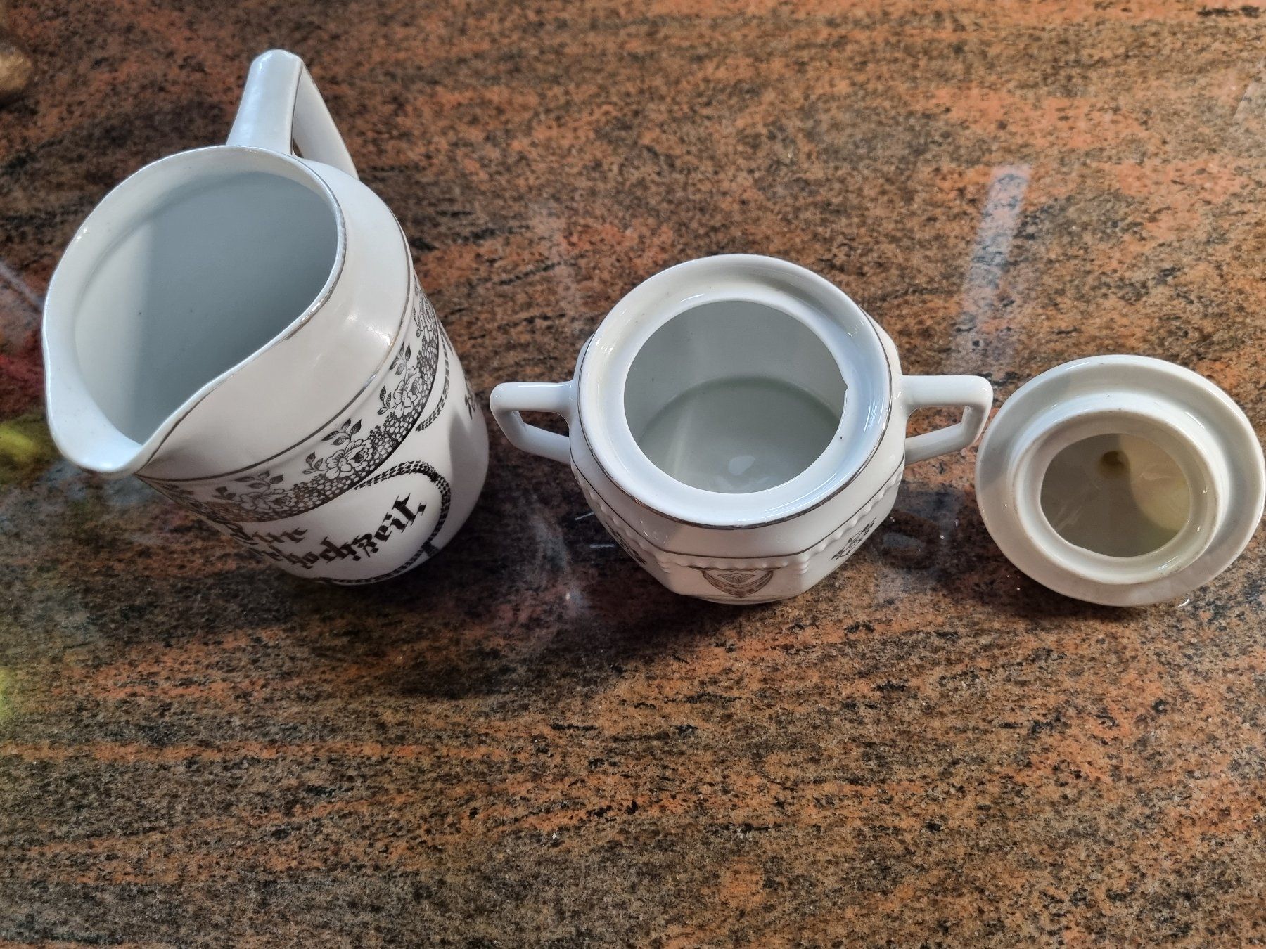 Set di piatti: Zuckerdose & Milchgiesser Set "Zur Silberhochzeit" Deko – Usato da Trachslau venduto da post35 2