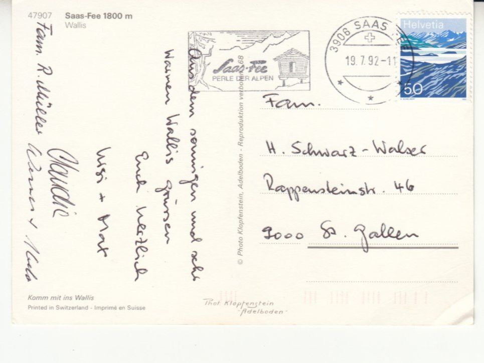Cartoline postali: Saas Fee 1992 – Usato da Bürglen TG venduto da StampGraf 1