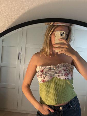 Strapless top floral pattern green ribbed condition used