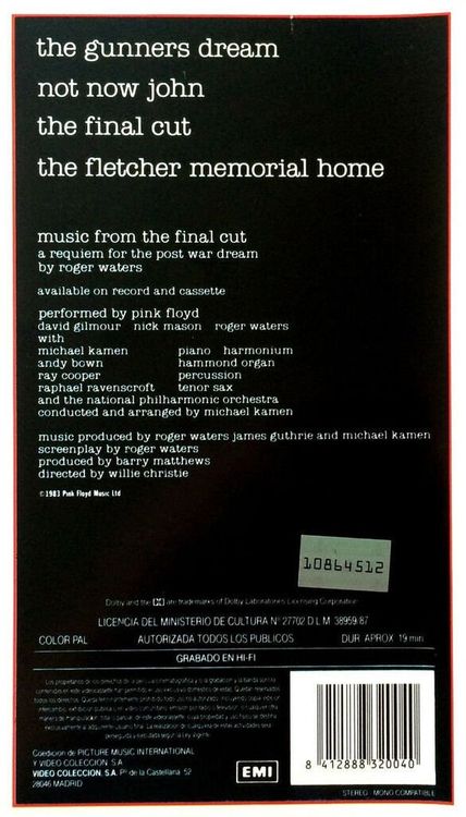 VHS - Pink Floyd - The Final Cut - Video EP - Picture Music International -  UK