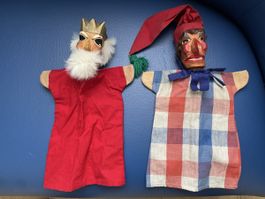 Zwei Handpuppen für Kasperli Theater Holz 1940-50er