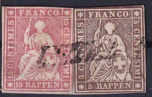 Alle Briefmarken: Strubel 22 und 24 auf Fragment+++Stabstempel+++ – Gebraucht aus Samnaun-Compatsch von Marken-Murk