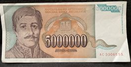 Yougoslavie 5'000'000 Dinara 1993 - Rare Billet Ancien