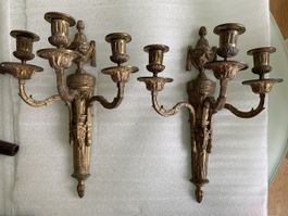 2 Antike Wandleuchter 3-flammig Bronze KerzenhalterWandlampe