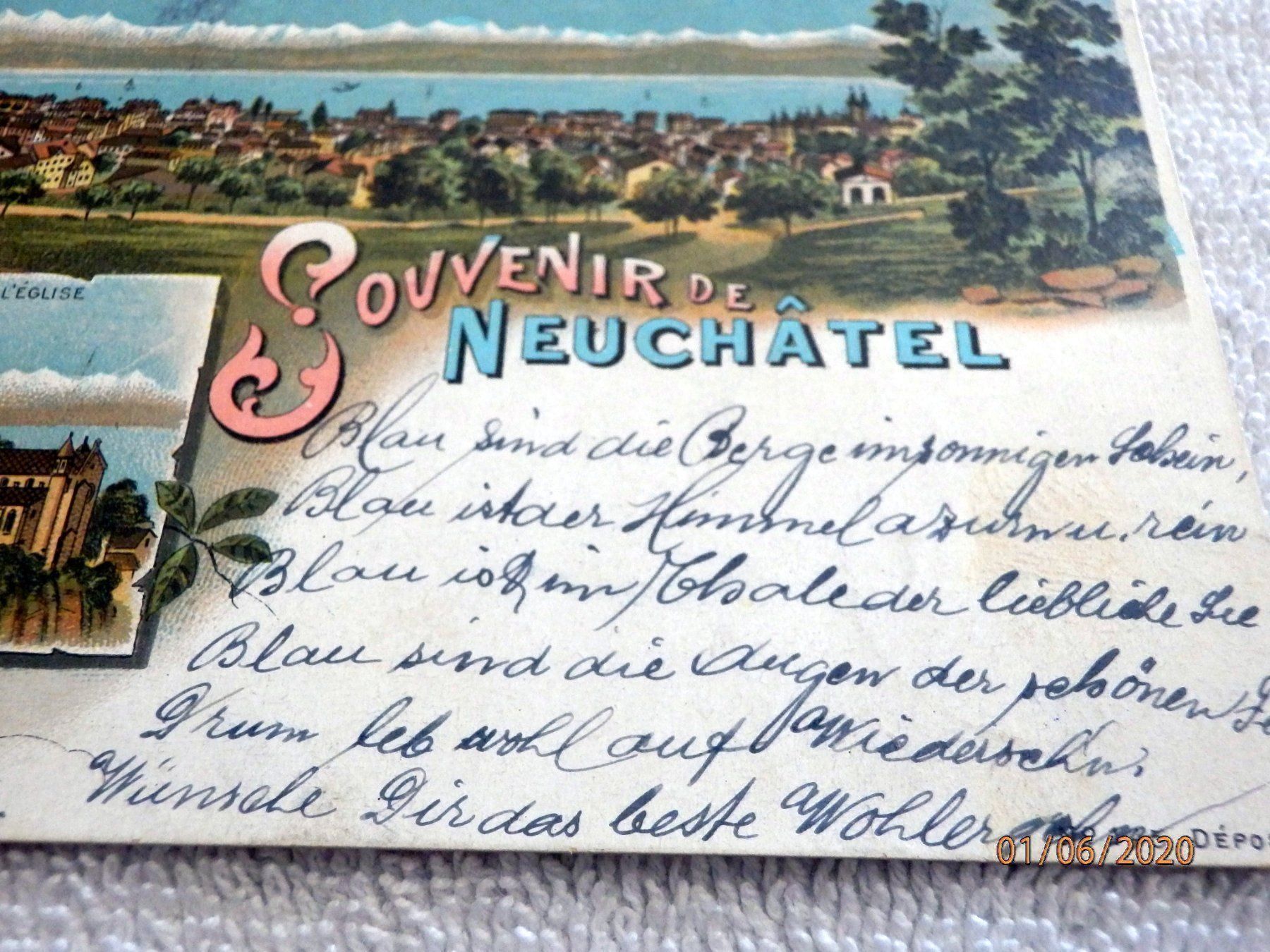 Ansichtskarten: Litho, Souvenir de Neuchatel ohne Marke – Gebraucht aus Ueberstorf von dinbau 5