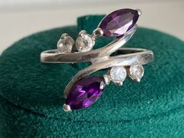 Bague argent 925 avec améthystes et zircones, taille 55