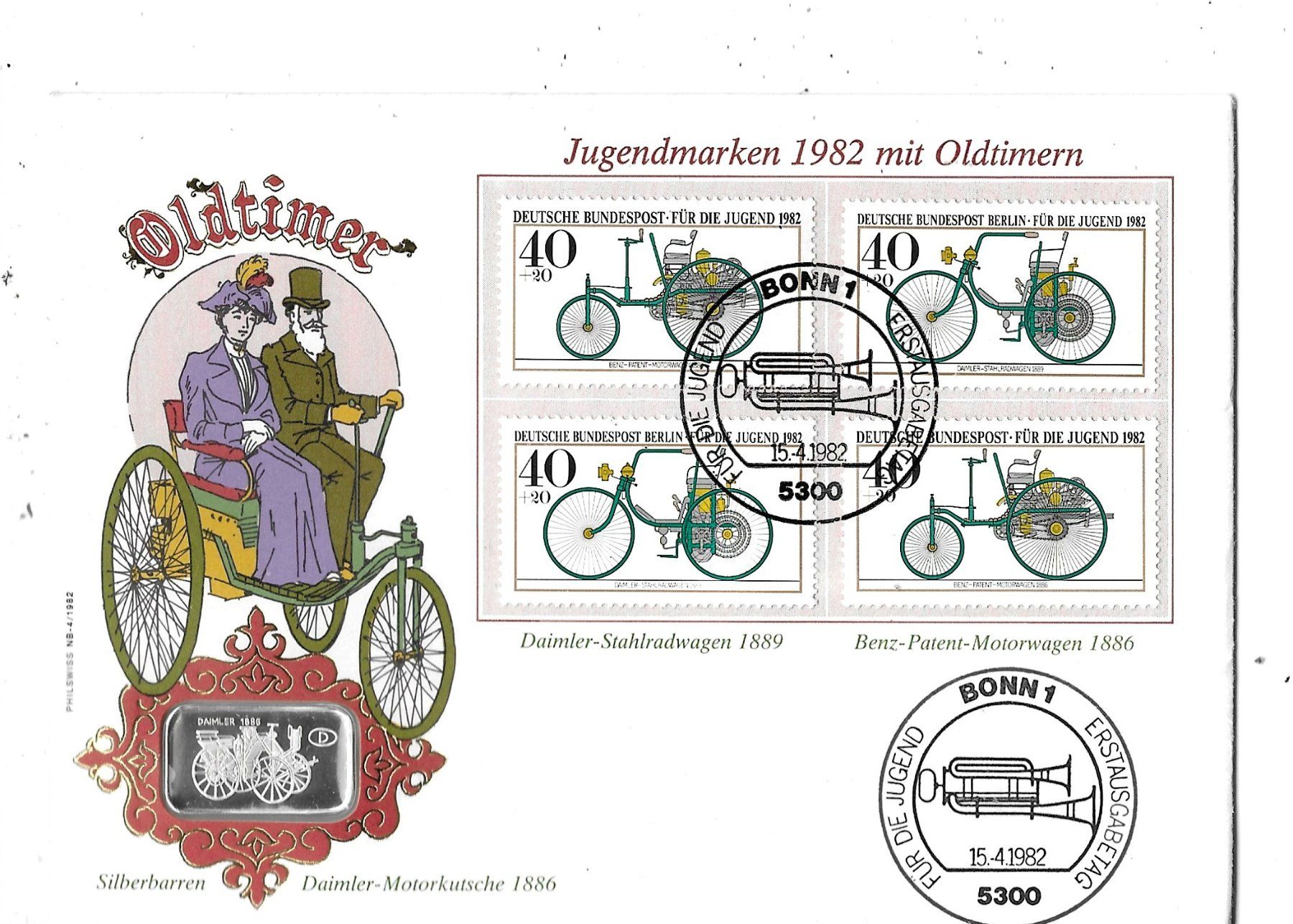 Medaglie: Numisbrief mit Oldtimern 1982 Silberbarren 5.5gr. 999.9 – Usato da Schocherswil venduto da prinzipal60