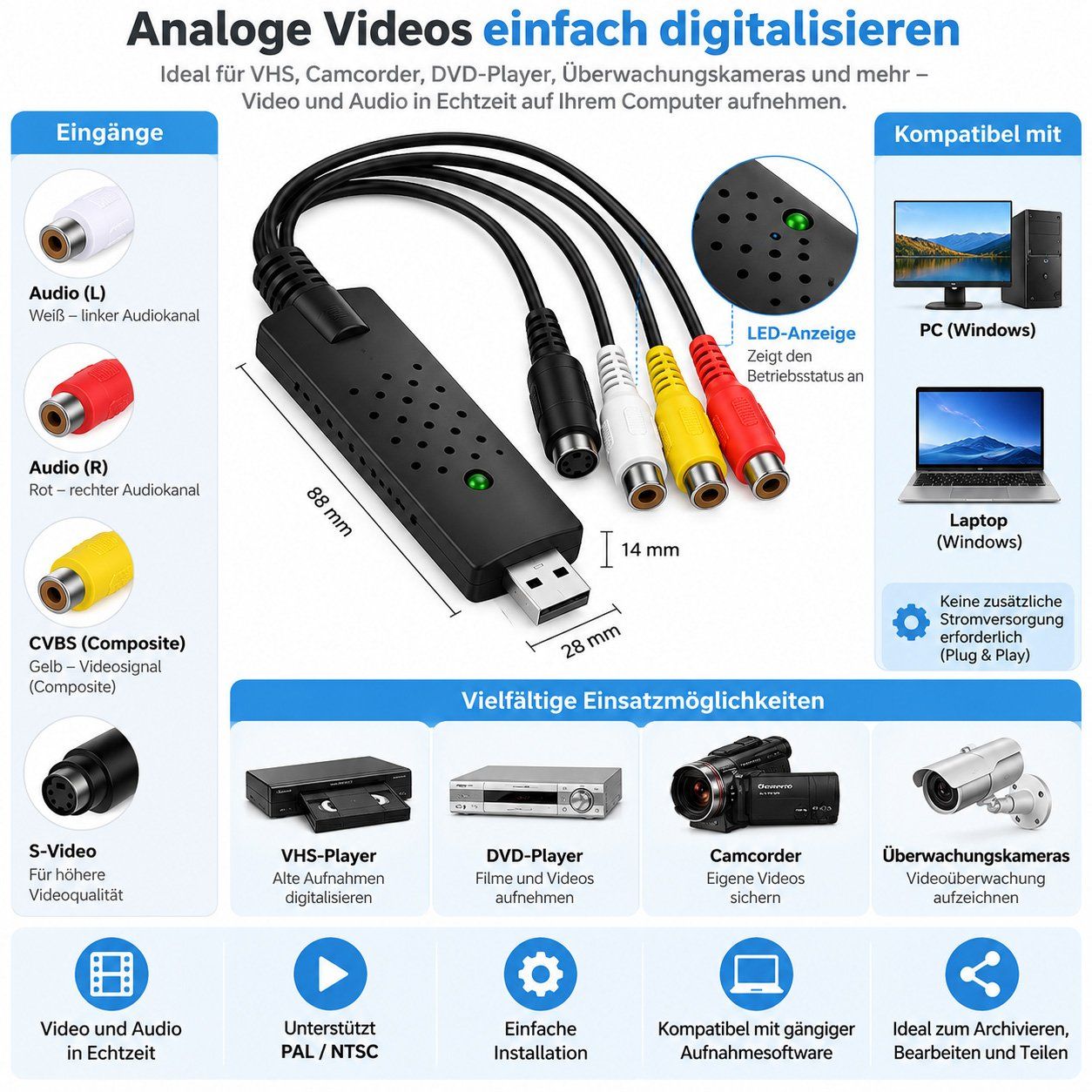 Registratori: USB Video Capture Adapter VHS DVD zu Digital – Nuovo (secondo la descrizione) da Chiasso venduto da online.shop 1