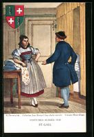 Paar in St. Gallener Tracht in einer Stu