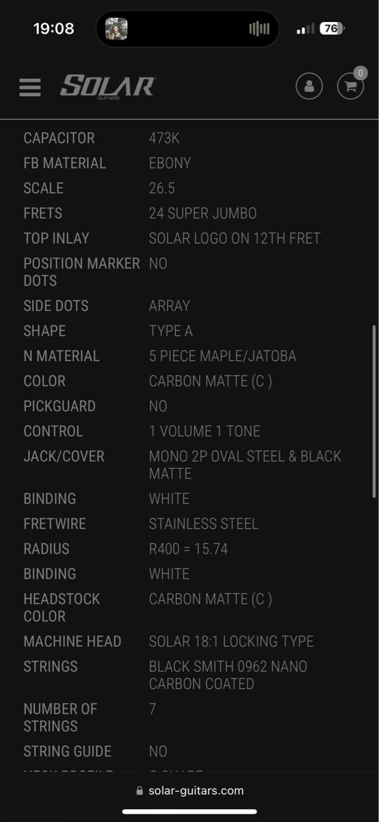 Strumenti musicali: Solar 7C+ Carbon Black Matte (7-String) / Evertune – Nuovo (secondo la descrizione) da Bolligen venduto da Jamback 4