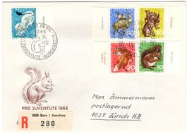 Pro Juventute Serie 1966 mit Tab auf offiziellem Chargé-FDC