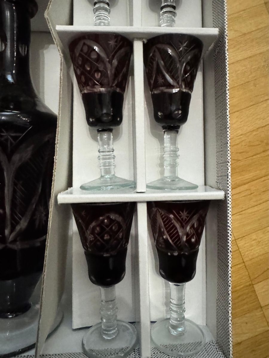 Caraffe: Caraffa decanter in cristallo marrone con sei bicchieri – Nuovo e nell'imballaggio originale da Viganello venduto da Lolland_7 2