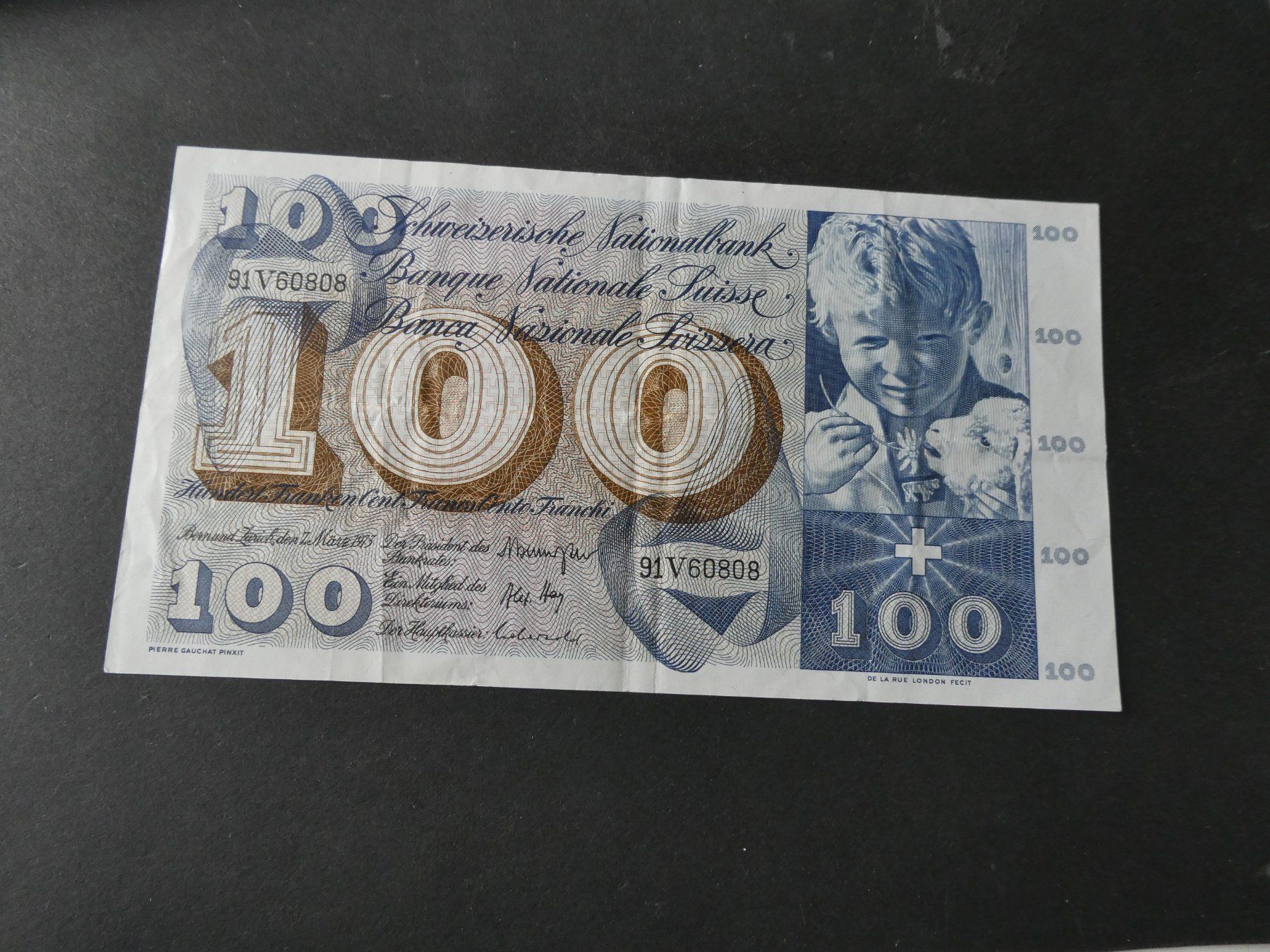 Banknoten: Schweiz 1973, 100 Franken – Gebraucht aus Hinterforst von Rohusri