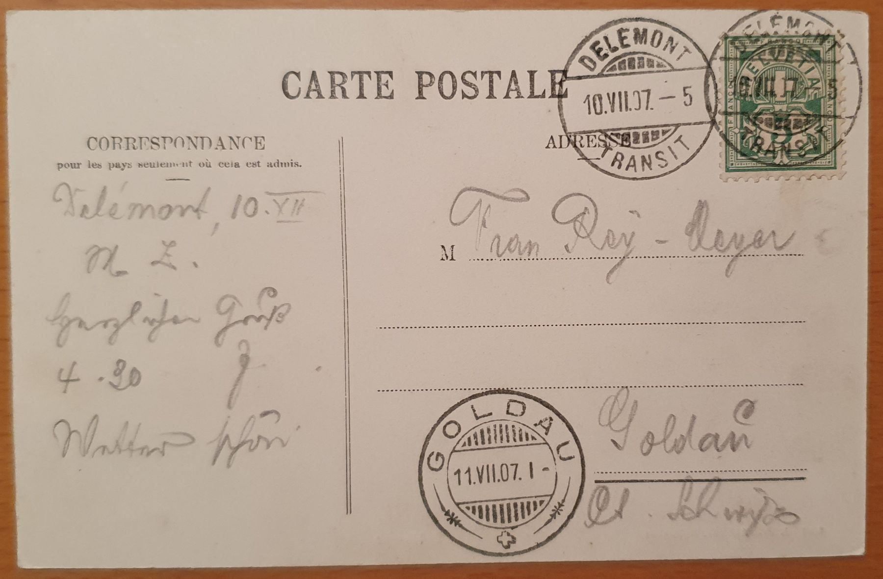 Cartoline postali: Delemont 1907 – Usato da Kreuzlingen venduto da Rschweiz1 1