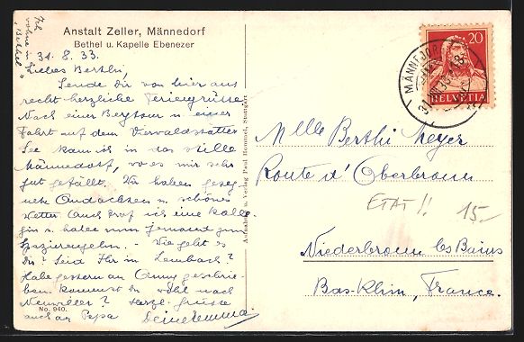 Cartoline postali: Männedorf, Anstalt Zeller, Ebenezer Kap – Usato da Berlin venduto da bartko-reher 1