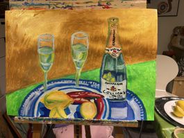 Gemälde Champagnerflasche mit Gläsern und Zitronen Acryl