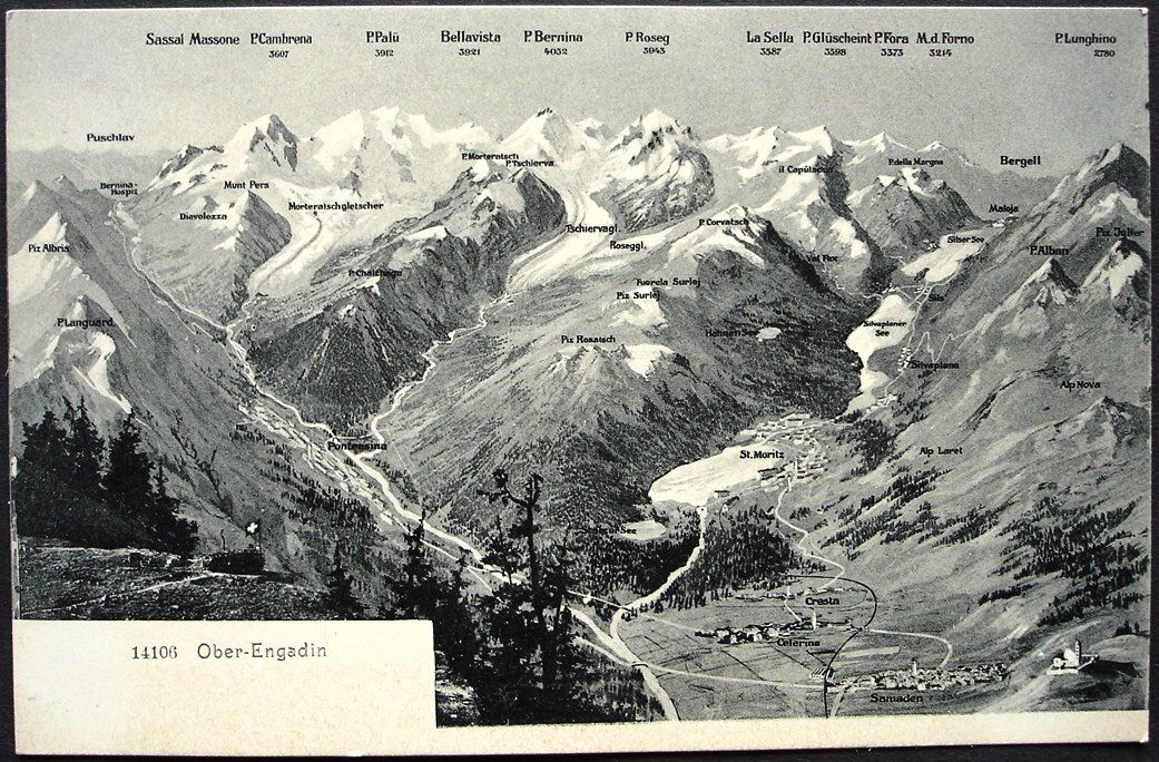 Cartoline postali: PANORAMA Ober-Engadin, St. Moritz, Celerina, Samaden, Maloja – Usato da Jona venduto da philajona