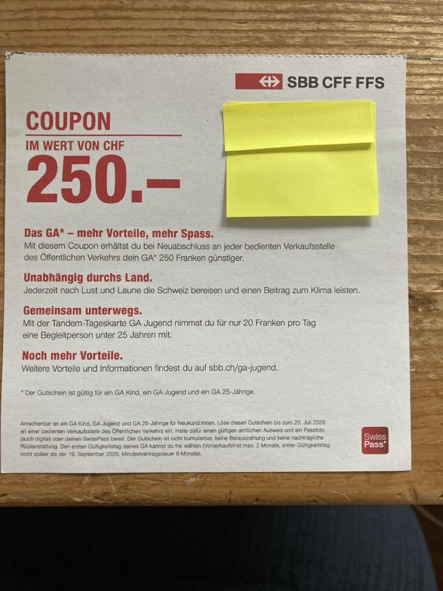 SBB/CFF/FFS Buoni: SBB Gutschein GA Kind/Jugend/bis 25J – Nuovo e nell'imballaggio originale da Männedorf venduto da Larimar4