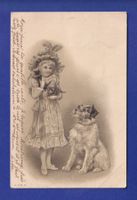 ENFANT - Jeune fille avec chien et chats - Carte gauffrée