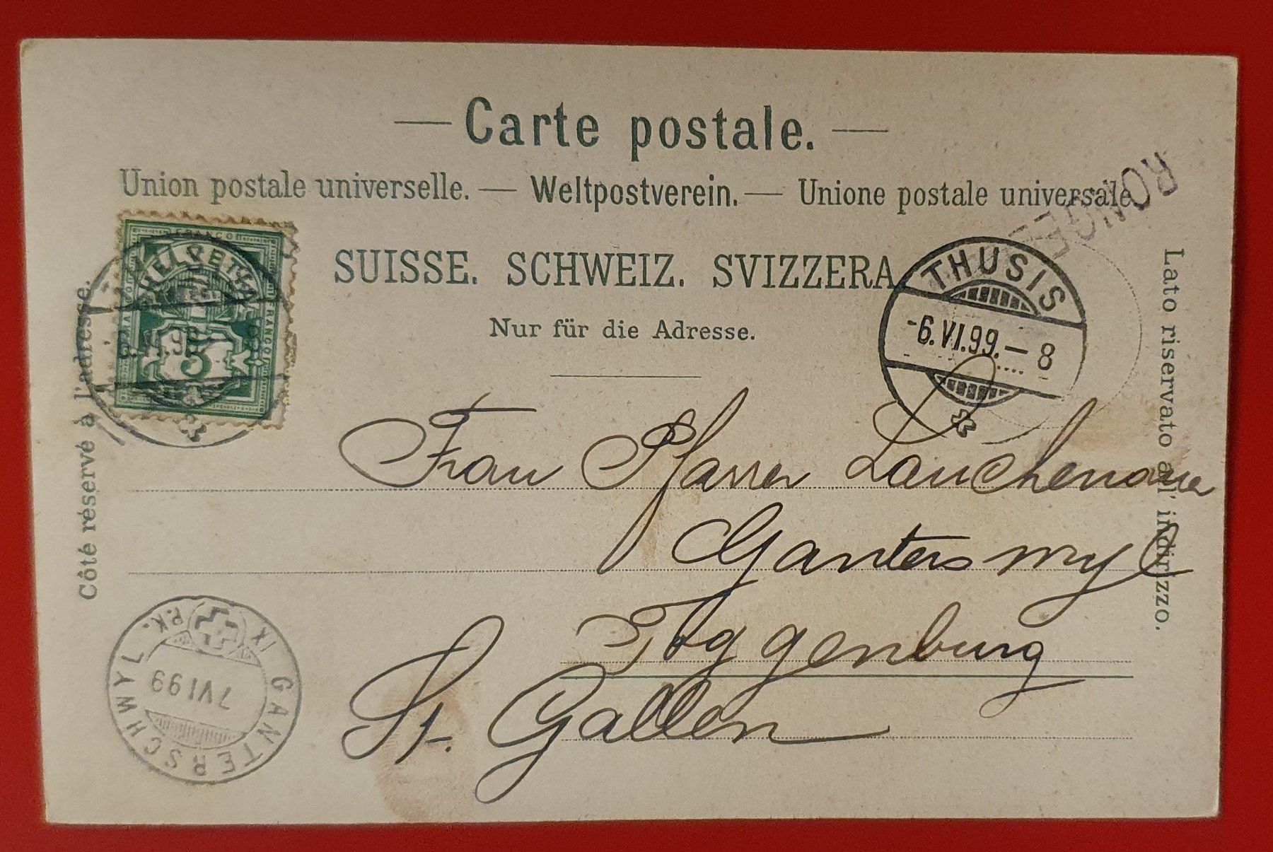 Ansichtskarten: Gruss aus Thusis 1899 - Stabstempel Rongellen – Gebraucht aus Kreuzlingen von Rschweiz1 1