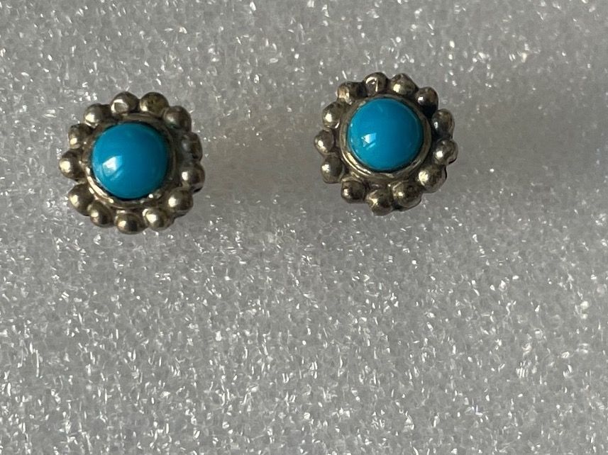 Boucles D'oreilles Anciennes En Argent Avec Turquoise Et Nacre - Bijou Vintage Occasion, Style Boucle, Couleur Argentée